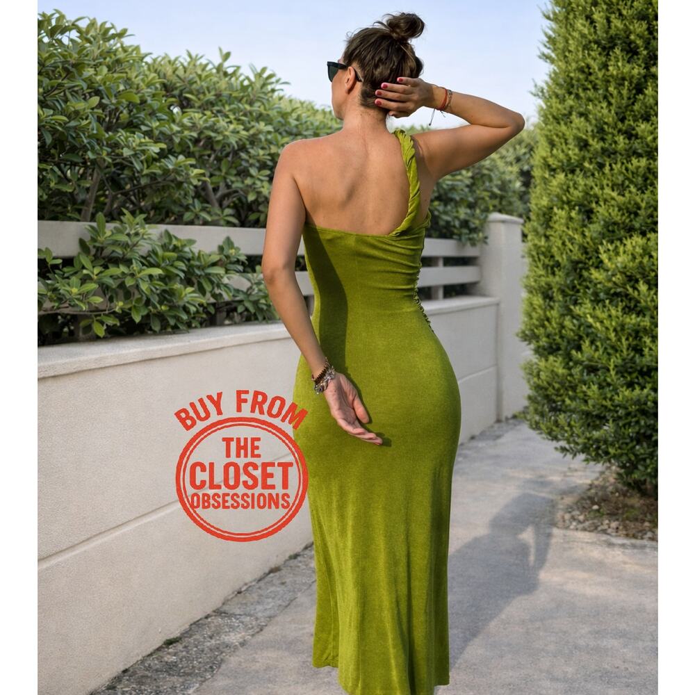 MANGO Green Asymmetrical Midi Dress NWT One Shoulder Wedding Guest Resort Dress - Picture 7 of 16